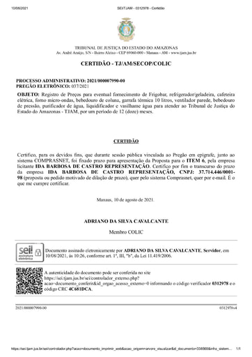 PREGÃO ELETRÔNICO Nº 037/2021 - CERTIDÃO DECURSO DE PRAZO - ITEM 6 - IDA