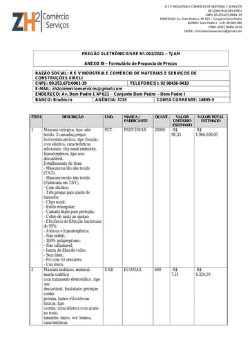 PREGÃO ELETRÔNICO Nº 002/2021 – PROPOSTA - ITEM 2 - R E V INDÚSTRIA