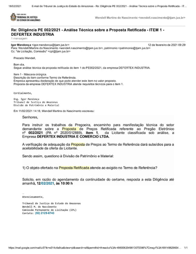 PREGÃO ELETRÔNICO Nº 002/2021 – DILIGÊNCIA CPL À DIVISÃO DE PATRIMÔNIO E MATERIAL - PROPOSTA RETIFICADA - ITEM 1 - DEFERTEX INDUSTRIA