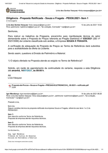 PREGÃO ELETRÔNICO Nº 030/2021 - DILIGÊNCIA CPL À DIVISÃO DE PATRIMÔNIO - PROPOSTA RETIFICADA - ITEM 1 - SOUZA E FRAGATA