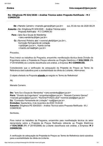 PREGÃO ELETRÔNICO Nº 024/2020 - DILIGÊNCIA CPL À DIVISÃO DE ENGENHARIA - PROPOSTA RETIFICADA - M J COMERCIO