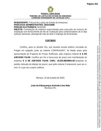 PREGÃO ELETRÔNICO Nº 024/2020 - CERTIDÃO DECURSO DE PRAZO - E A DE AZEVEDO