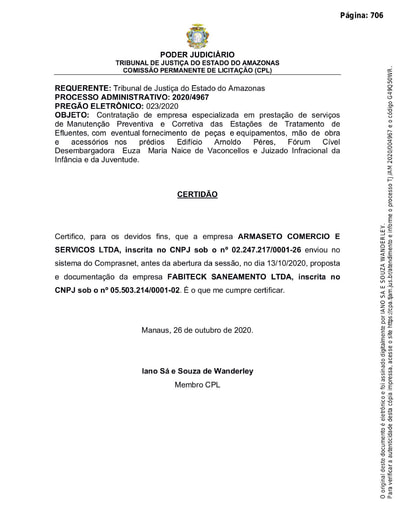 PREGÃO ELETRÔNICO Nº 023/2020 - CERTIDÃO DE DOCUMENTOS - ARMASETO