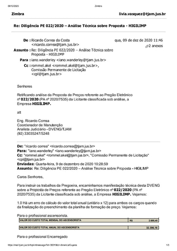 PREGÃO ELETRÔNICO Nº 022/2020 - DILIGÊNCIA CPL À DIVISÃO DE ENGENHARIA - PROPOSTA - HIGILIMP