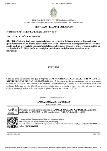 PREGÃO ELETRÔNICO Nº 039/2021 - CERTIDÃO - G REFRIGERAÇÃO