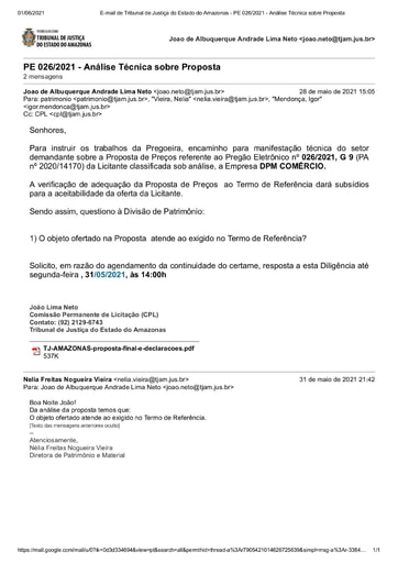 PREGÃO ELETRÔNICO Nº 026/2021 - DILIGÊNCIA CPL À DIVISÃO DE PATRIMÔNIO - PROPOSTA - G9 - DMP COMÉRCIO