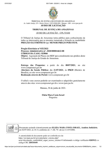 PREGÃO ELETRÔNICO Nº 032/2021 - AVISO DE LICITAÇÃO