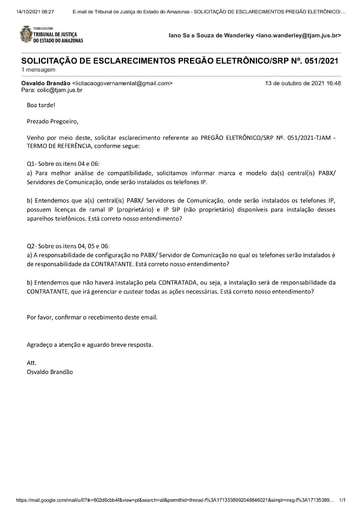 PREGÃO ELETRÔNICO Nº 51/2021 - PEDIDO DE ESCLARECIMENTO - OSVALDO BRANDÃO