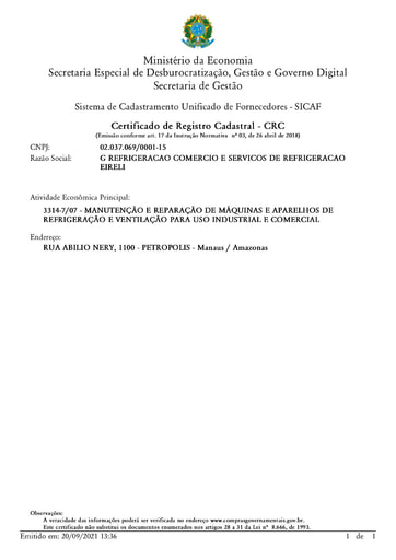 PREGÃO ELETRÔNICO Nº 024/2021 – HABILITAÇÃO - SICAF E CNDT - G REFRIGERAÇÃO