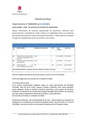 PREGÃO ELETRÔNICO Nº 046/2026 - PROPOSTA RETIFICADA 3 - SWAP - SISTEMA DE INFORMACAO LTDA