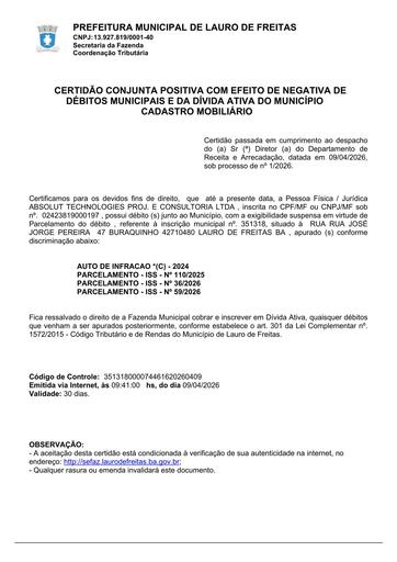 PREGÃO ELETRÔNICO Nº 022/2026 - DOCUMENTAÇÃO ENVIADA EM DILIGÊNCIA - ABSOLUT TECHNOLOGIES PROJETOS E CONSULTORIA LTDA