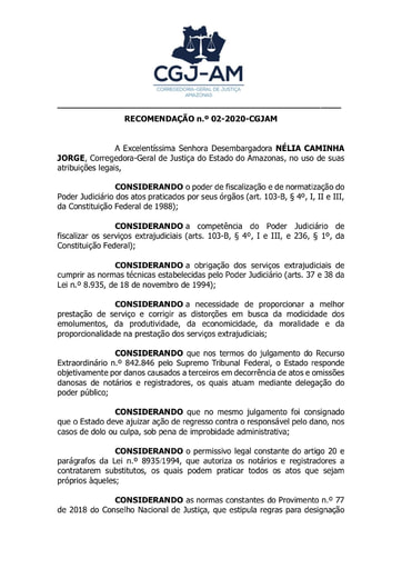 Recomendação n. 02-2020-CGJ-AM (referente à contratação de funcionários para as serventias extrajudiciais)