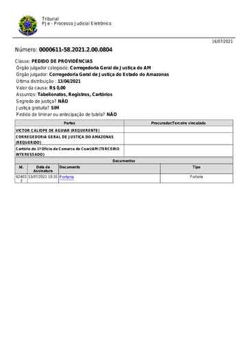 Portaria nº 111/2021-CGJ/AM (HOMOLOGA a designação da Sra. LEIDIANNE OLIVEIRA SILVA, como substituta do Cartório do 1.° Ofício da Comarca de Coari/AM.)