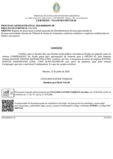 PREGÃO ELETRÔNICO Nº 038/2026 - CERTIDÃO DECURSO DE PRAZO - RAYANE DANTAS - G2