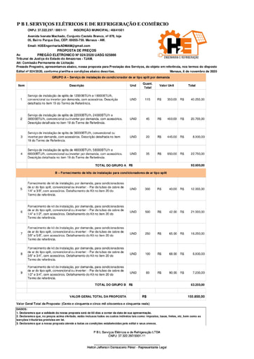 PREGÃO ELETRÔNICO Nº 024/2020 - PROPOSTA - P B L SERVIÇOS
