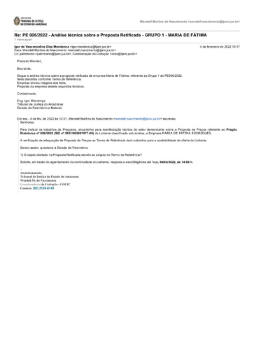 PREGÃO ELETRÔNICO Nº 006/2022 - DILIGÊNCIA COLIC À DIVISÃO DE PATRIMÔNIO - PROPOSTA RETIFICADA - GRUPO 1 - MARIA DE FÁTIMA