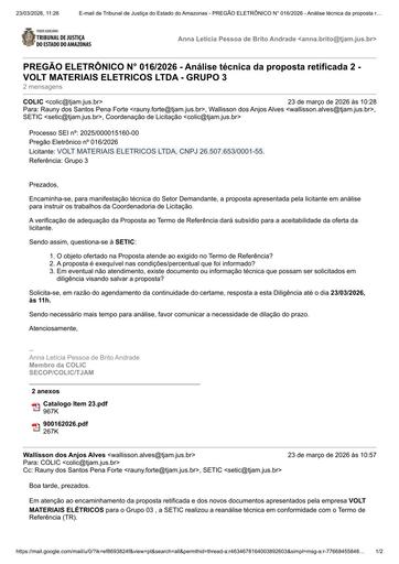 PREGÃO ELETRÔNICO Nº 016/2026 - DILIGÊNCIA COLIC À SETIC - PROPOSTA RETIFICADA 2 - VOLT MATERIAIS ELETRICOS LTDA - GRUPO 3