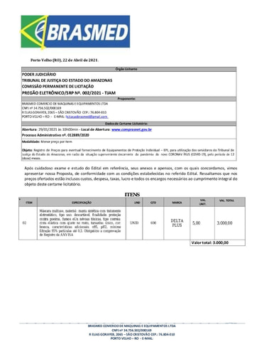 PREGÃO ELETRÔNICO Nº 002/2021 – PROPOSTA  - ITEM 2 - BRASMED