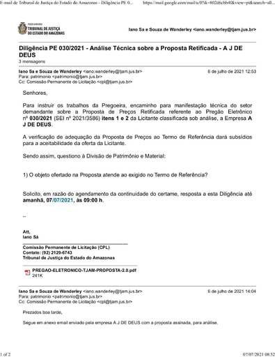 PREGÃO ELETRÔNICO Nº 030/2021 - DILIGÊNCIA CPL À DIVISÃO DE PATRIMÔNIO - PROPOSTA RETIFICADA- A J DE DEUS