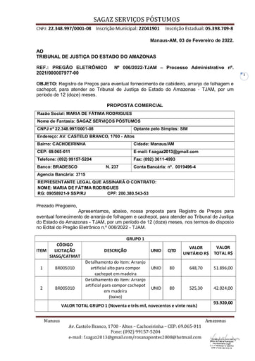 PREGÃO ELETRÔNICO Nº 006/2022 - PROPOSTA - GRUPO 1 - MARIA DE FATIMA