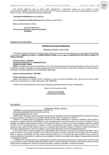 TOMADA DE PREÇOS Nº 005/2021 - AVISO DE LICITAÇÃO - DJE