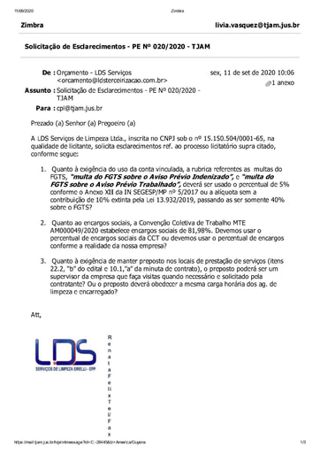 PREGÃO ELETRÔNICO Nº 020/2020 - PEDIDO DE ESCLARECIMENTO - LDS SERVIÇOS