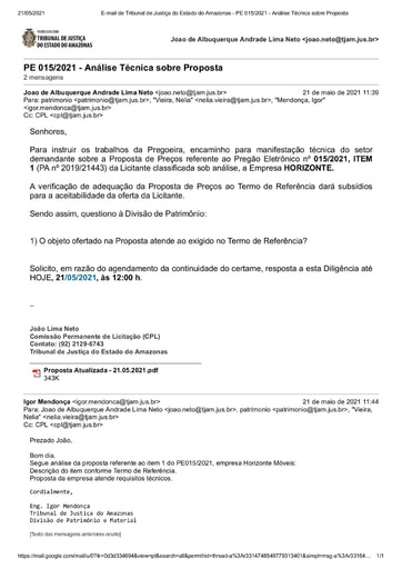 PREGÃO ELETRÔNICO Nº 015/2021 - DILIGÊNCIA CPL À DIVISÃO DE PATRIMÔNIO - PROPOSTA - ITEM 1 - HORIZONTE