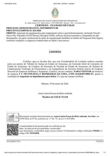 PREGÃO ELETRÔNICO Nº 023/2026 - CERTIDÃO NADA CONSTA - F L TECNOLOGIA E REFRIGERACAO LTDA - ITEM 4