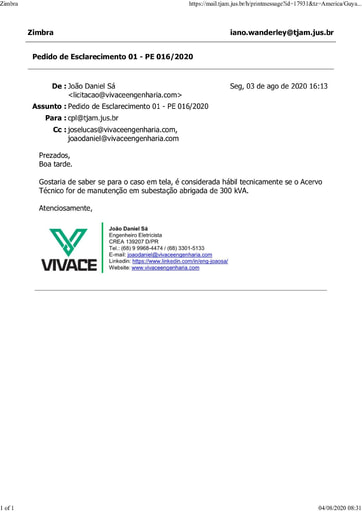 PREGÃO ELETRÔNICO Nº 016/2020 - PEDIDO DE ESCLARECIMENTO - VIVACE ENGENHARIA