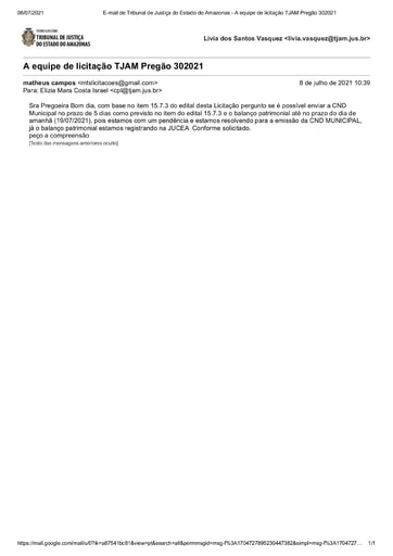 PREGÃO ELETRÔNICO Nº 030/2021 - E-MAIL - A J DE DEUS
