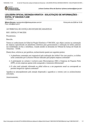 PREGÃO ELETRÔNICO Nº 046/2026 - PEDIDO DE ESCLARECIMENTOS - MILENA GIOVANA