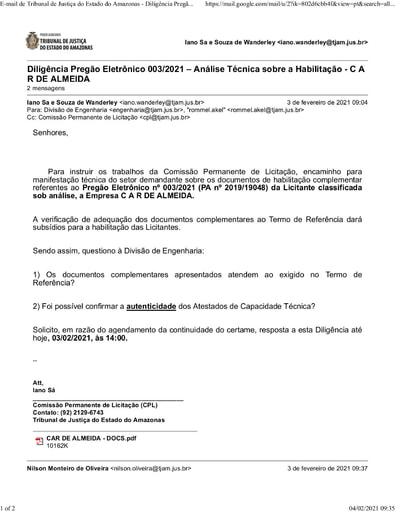 PREGÃO ELETRÔNICO Nº 003/2021 - DILIGÊNCIA CPL À DIVISÃO DE ENGENHARIA - DOCUMENTOS COMPLEMENTARES - C A R DE ALMEIDA