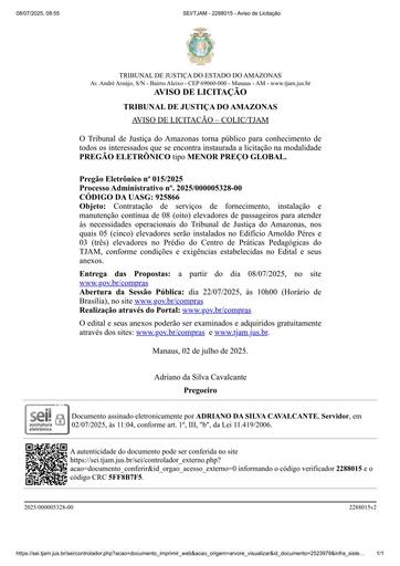 PREGÃO ELETRÔNICO Nº 015/2025 - AVISO DE LICITAÇÃO