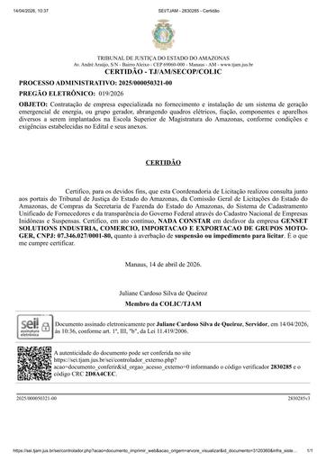 PREGÃO ELETRÔNICO Nº 019/2026 - CERTIDÃO NADA CONSTA - GENSET SOLUTIONS INDUSTRIA, COMERCIO, IMPORTACAO E EXPORTACAO DE GRUPOS MOTO-GER