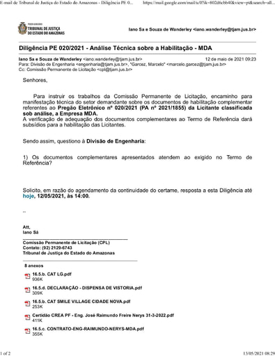 PREGÃO ELETRÔNICO Nº 020/2021 - DILIGÊNCIA CPL À DIVISÃO DE ENGENHARIA - DOC. COMPLEMENTAR - MDA