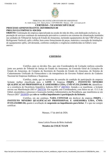 PREGÃO ELETRÔNICO Nº 020/2026 - CERTIDÃO NADA CONSTA - IMQPA - INSTITUTO MINEIRO QUALIFICACAO PROFISSIONAL E ASSESSORIA LTDA - LOTE 3