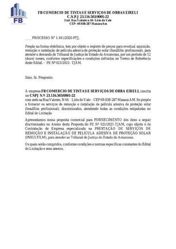 PREGÃO ELETRÔNICO Nº 021/2021 - PROPOSTA - FB COMÉRCIO