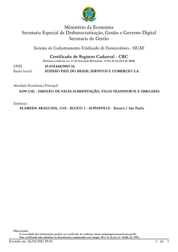 PREGÃO ELETRÔNICO Nº 009/2021 - HABILITAÇÃO - SICAF E CNDT - SODEXO