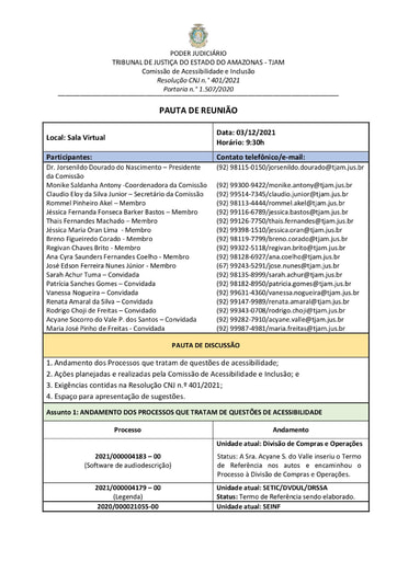 Pauta de reunião 03 de dezembro de 2021