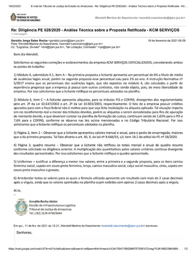 PREGÃO ELETRÔNICO Nº 028/2020 - DILIGÊNCIA CPL À DIVISÃO DE INFRAESTRUTURA E LOGÍSTICA - PROPOSTA RETIFICADA - KCM SERVIÇOS