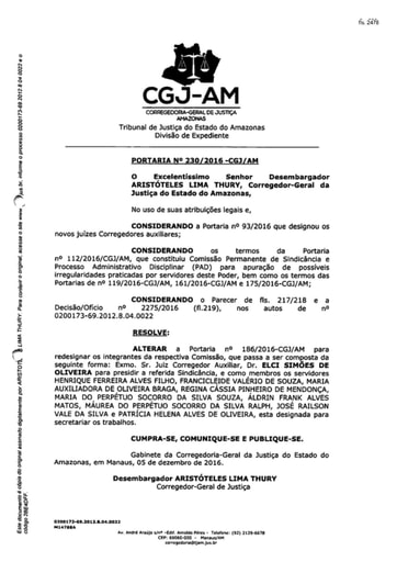 Portaria nº230/2016-CGJ/AM (Altera a Portaria nº 186/2016-CGJ/AM para redesignar os integrantes da Comissão)