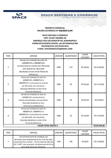 PREGÃO ELETRÔNICO Nº 024/2020 - PROPOSTA - SPACE