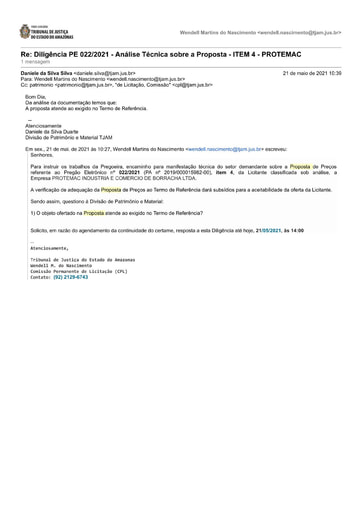PREGÃO ELETRÔNICO Nº 022/2021 – DILIGÊNCIA CPL À DIVISÃO DE PATRIMÔNIO - PROPOSTA - ITEM 4 - PROTEMAC