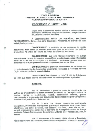 Provimento 184 - Dispõe sobre o recebimento, registro, controle e armazenamento de documentos informáticos ou digitais no âmbito da CGJ/AM