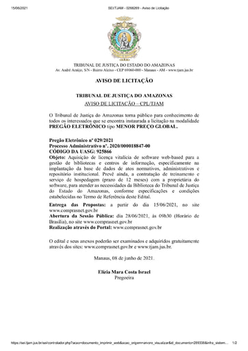 PREGÃO ELETRÔNICO Nº 029/2021 - AVISO DE LICITAÇÃO