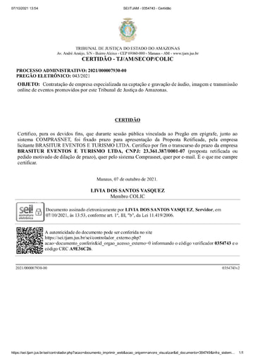 PREGÃO ELETRÔNICO Nº 043/2021 – CERTIDÃO - DECURSO DE PRAZO - BRASITUR