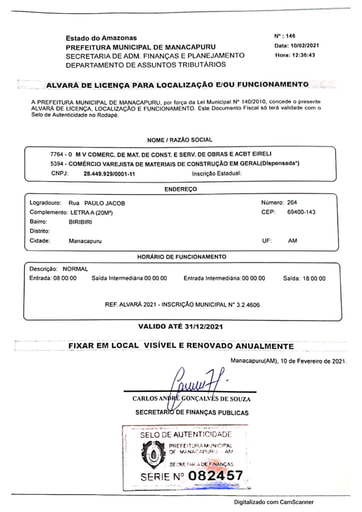 PREGÃO ELETRÔNICO Nº 011/2021 - DOCUMENTOS ENVIADOS EM DILIGÊNCIA - M V COMÉRCIO