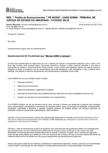 PREGÃO ELETRÔNICO Nº 48/2021 - PEDIDO DE ESCLARECIMENTO - DRIVE A