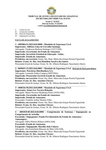 Pauta do Tribunal Pleno da Sessão de 11.10.2022