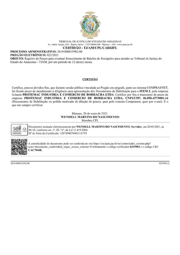 PREGÃO ELETRÔNICO Nº 022/2021 – CERTIDÃO DECURSO DE PRAZO - HABILITAÇÃO - ITEM 2 - PROTEMAC